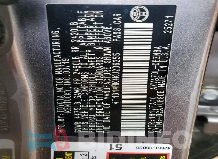 4T1B11HK4KU236255 Photo# 12