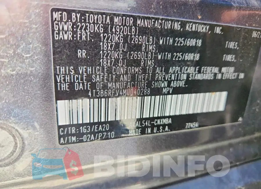 4T3B6RFV4MU040288 Photo# 13