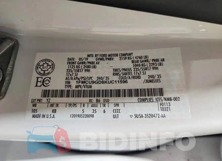 1FMCU9GD8KUC11596 Photo# 13