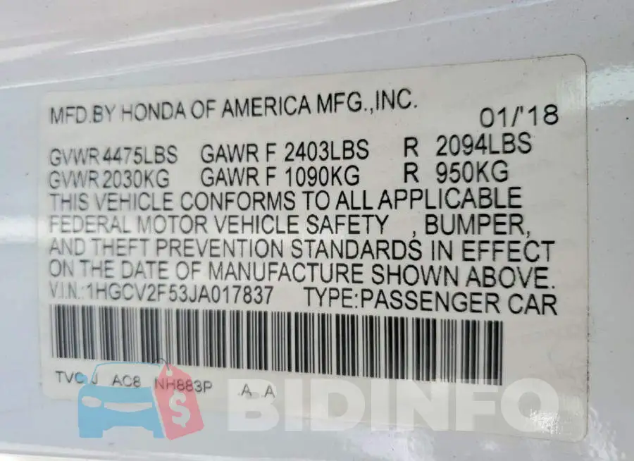 1HGCV2F53JA017837 Photo# 13