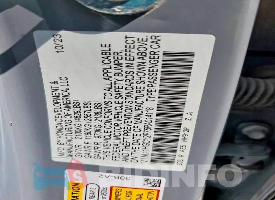 1HGCY2F75RA014118 Photo# 12
