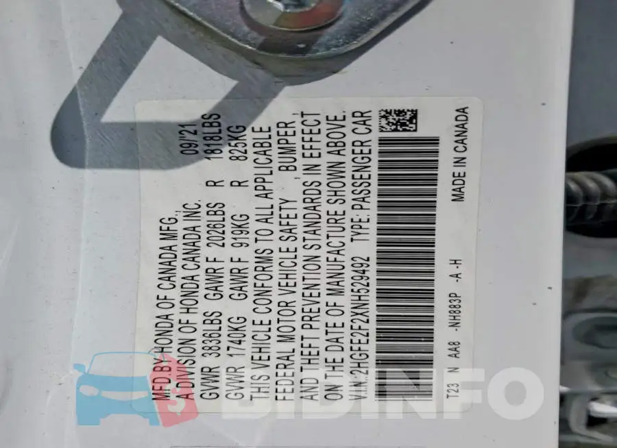 2HGFE2F2XNH529492 Photo# 12