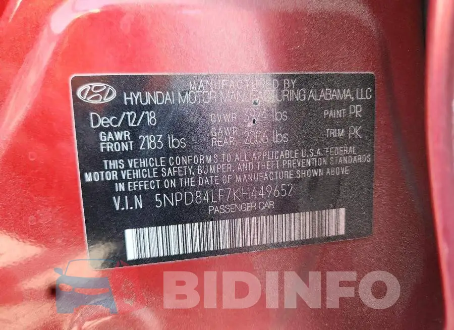 5NPD84LF7KH449652 Photo# 12