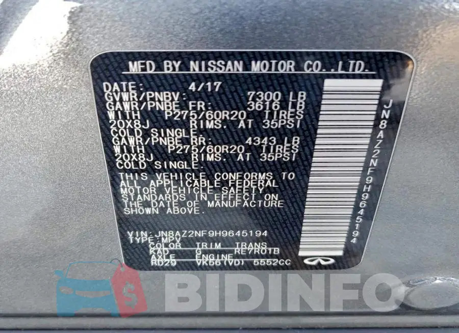 JN8AZ2NF9H9645194 Photo# 14