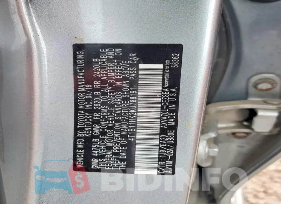 4T1B11HK2KU788191 Photo# 13