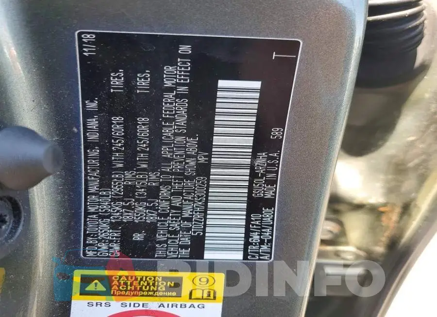 5TDZZRFH7KS300259 Photo# 13