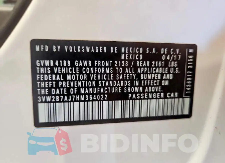 3VW2B7AJ7HM364022 Photo# 12