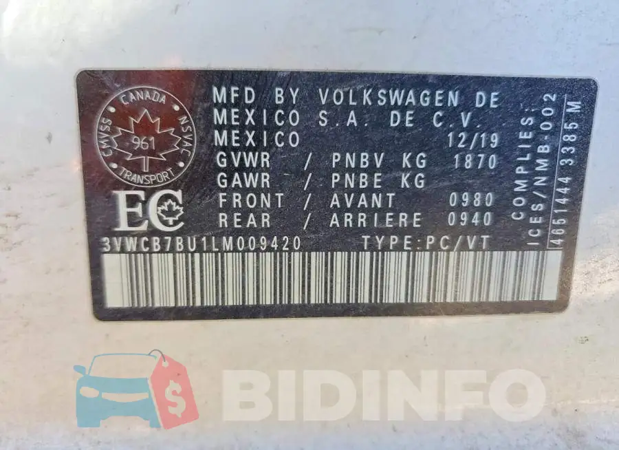3VWCB7BU1LM009420 Photo# 13