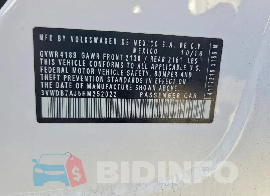 3VWDB7AJ5HM252022 Photo# 12