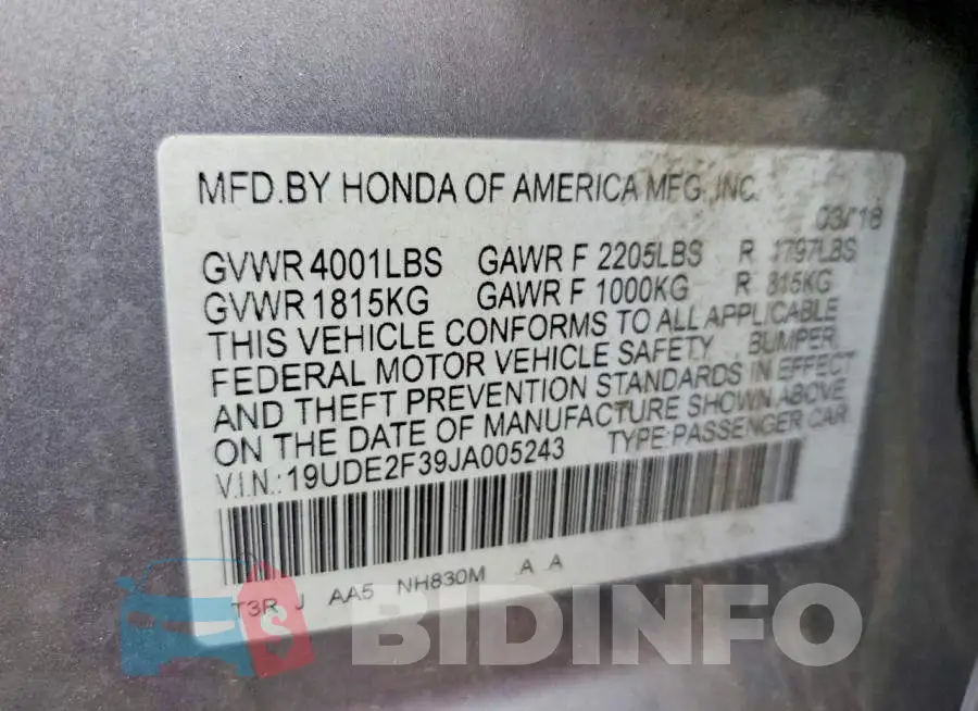 19UDE2F39JA005243 Photo# 12