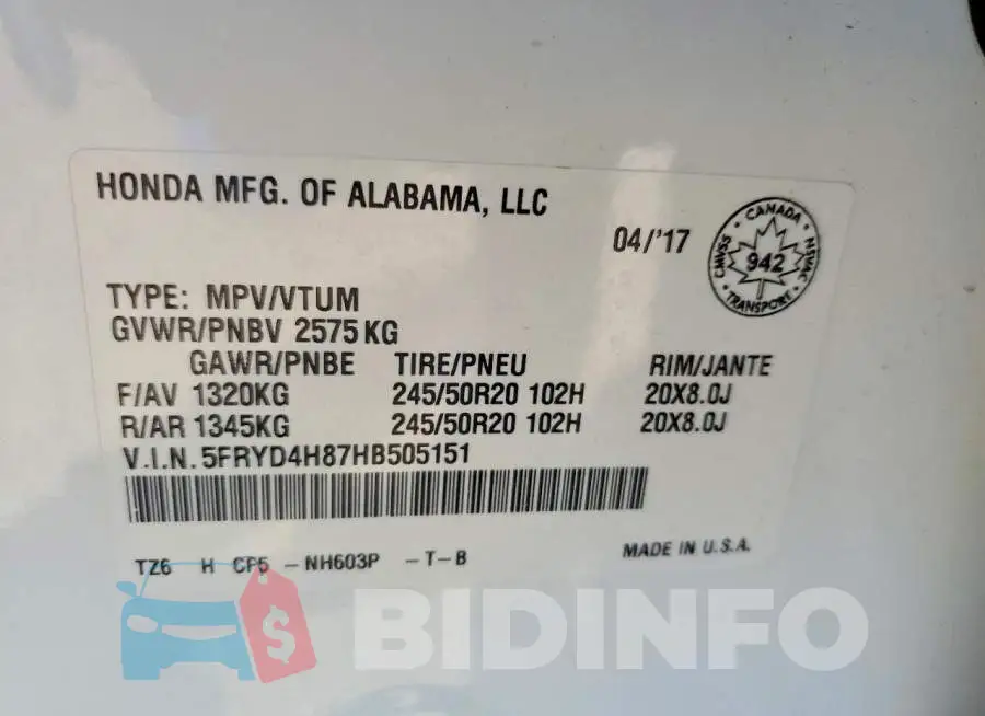 5FRYD4H87HB505151 Photo# 13