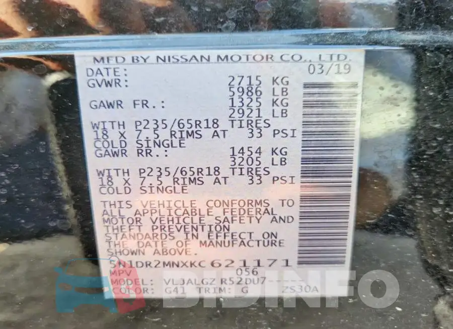 5N1DR2MNXKC621171 Photo# 13