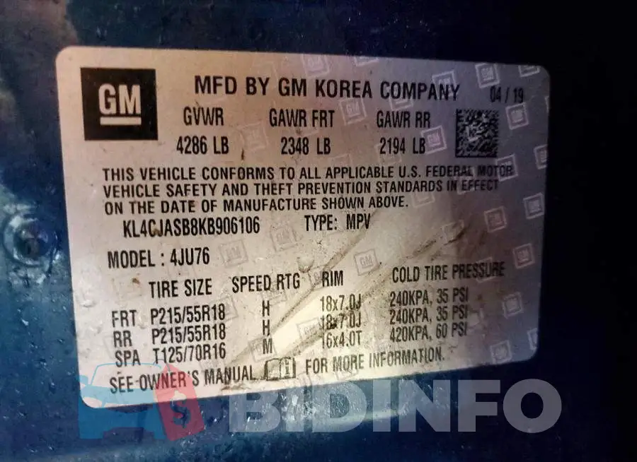KL4CJASB8KB906106 Photo# 13