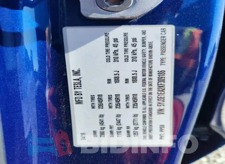 5YJ3E1EA2KF309186 Photo# 12