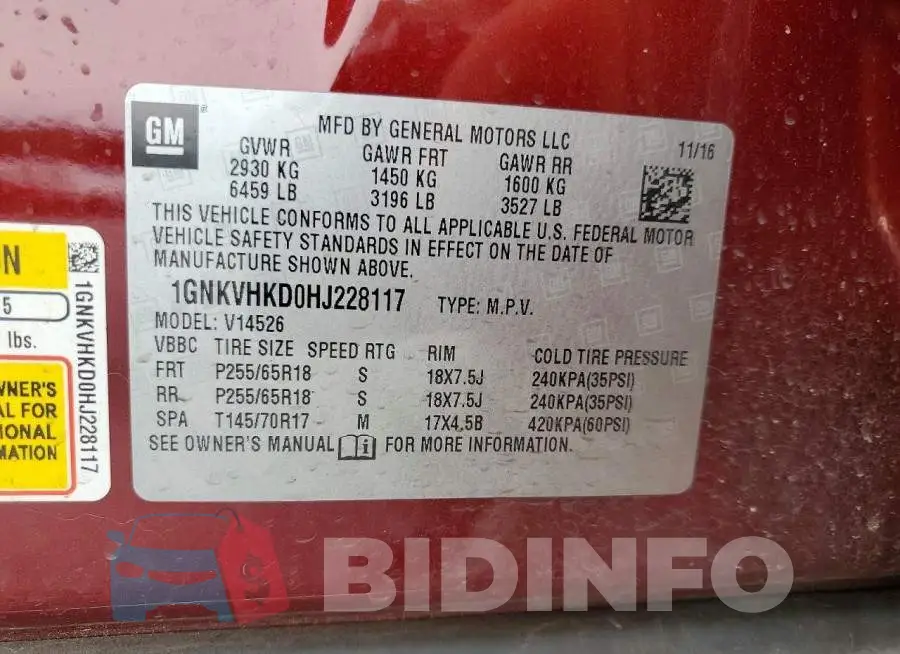 1GNKVHKD0HJ228117 Photo# 13
