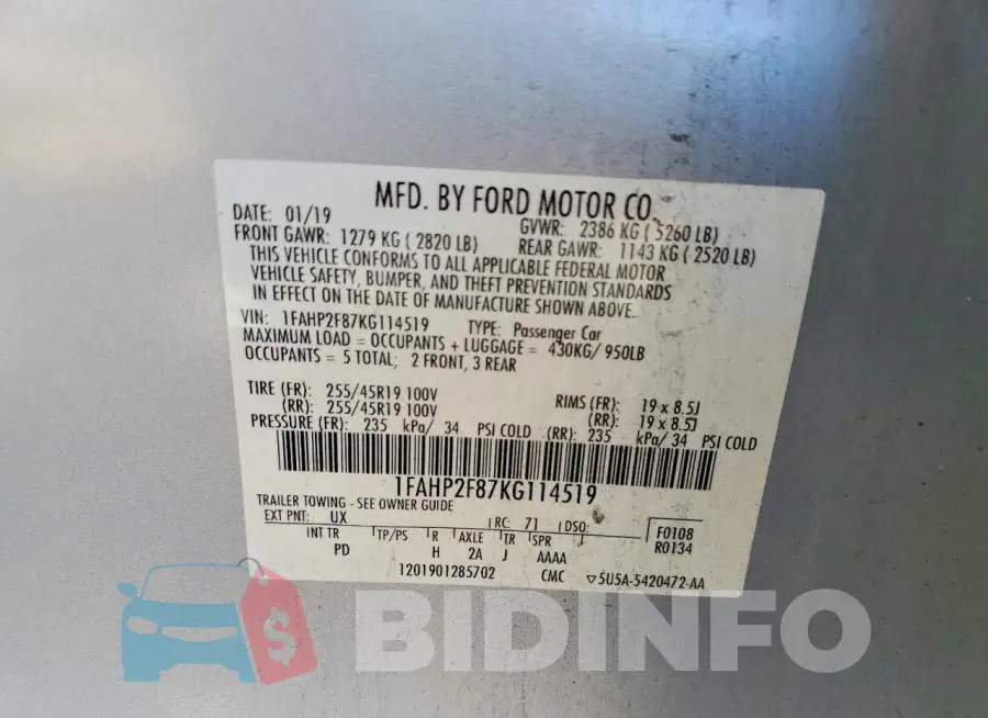 1FAHP2F87KG114519 Photo# 12