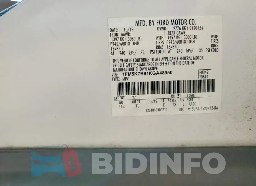 1FM5K7B81KGA48950 Photo# 12