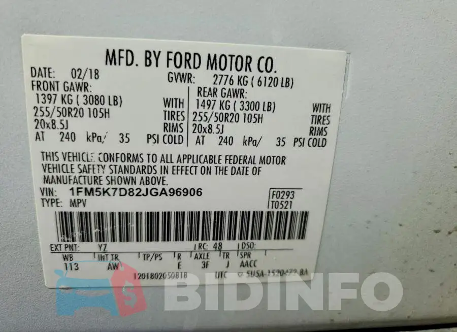 1FM5K7D82JGA96906 Photo# 13
