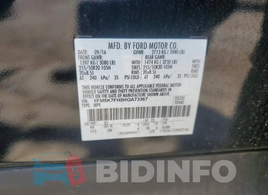 1FM5K7FH5HGA73367 Photo# 13