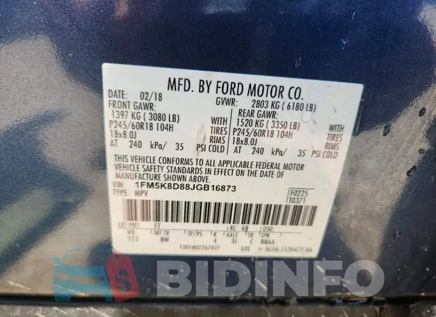 1FM5K8D88JGB16873 Photo# 12