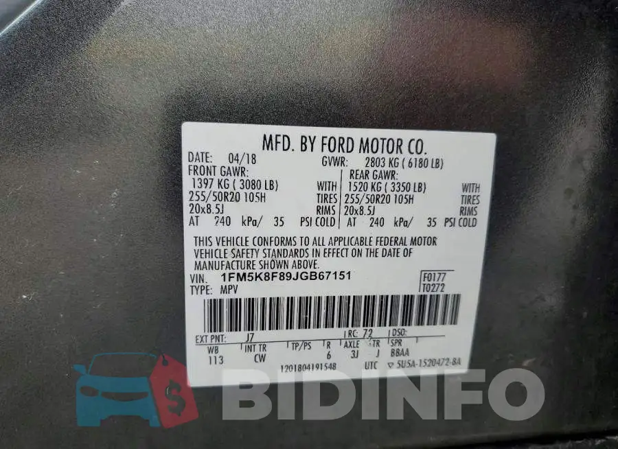 1FM5K8F89JGB67151 Photo# 13