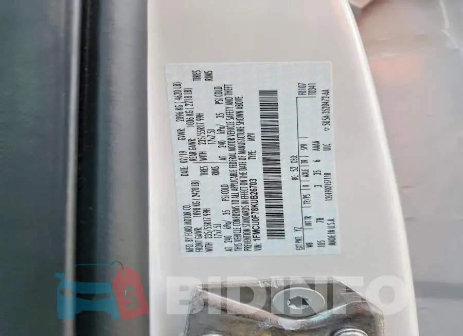 1FMCU0F78KUB26703 Photo# 14