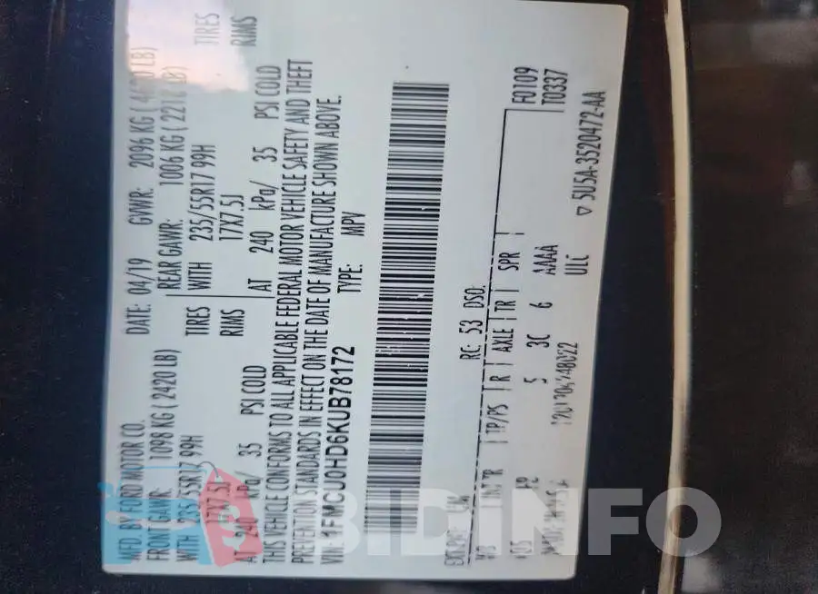 1FMCU0HD6KUB78172 Photo# 12