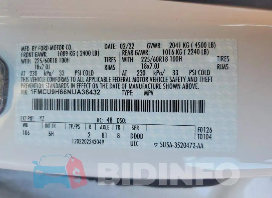 1FMCU9H66NUA36432 Photo# 13