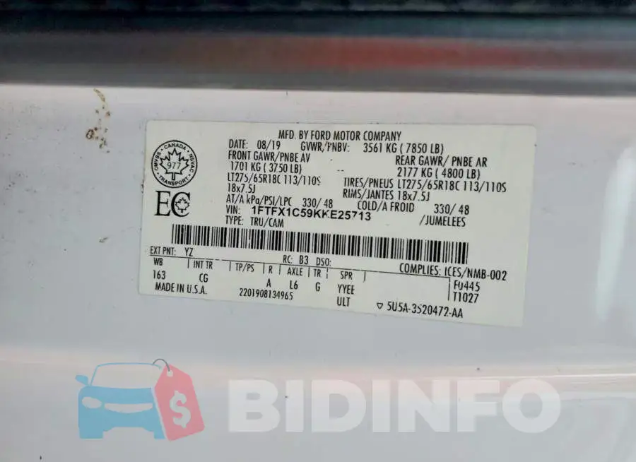 1FTFX1C59KKE25713 Photo# 12