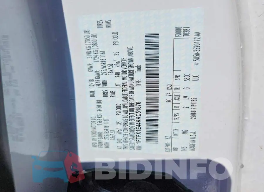 1FTFX1E44KKC51876 Photo# 12