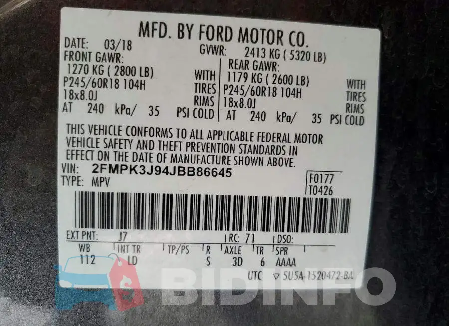 2FMPK3J94JBB86645 Photo# 12