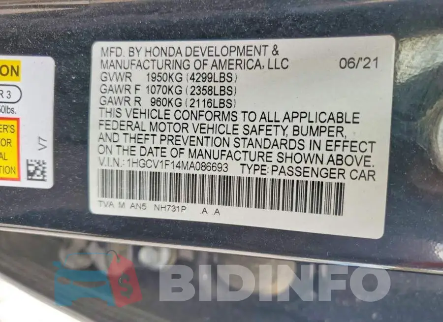 1HGCV1F14MA086693 Photo# 12