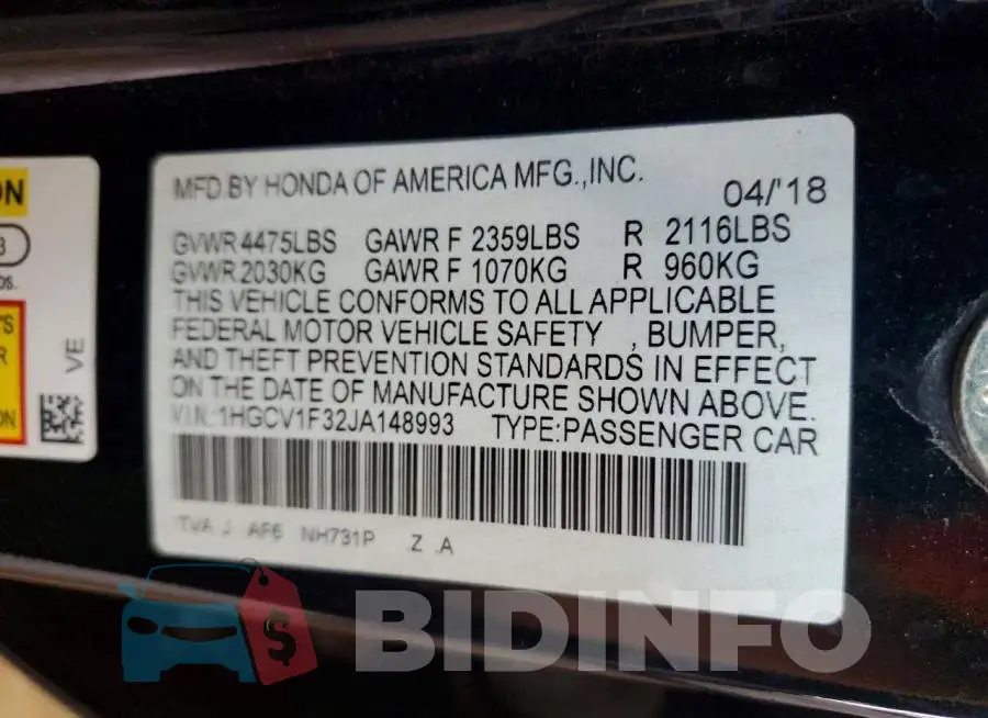 1HGCV1F32JA148993 Photo# 12
