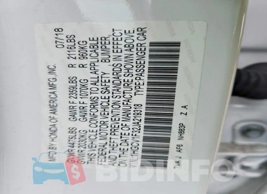 1HGCV1F32JA219318 Photo# 12