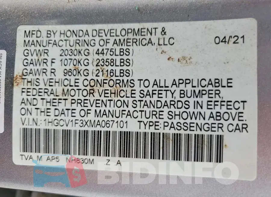 1HGCV1F3XMA067101 Photo# 12