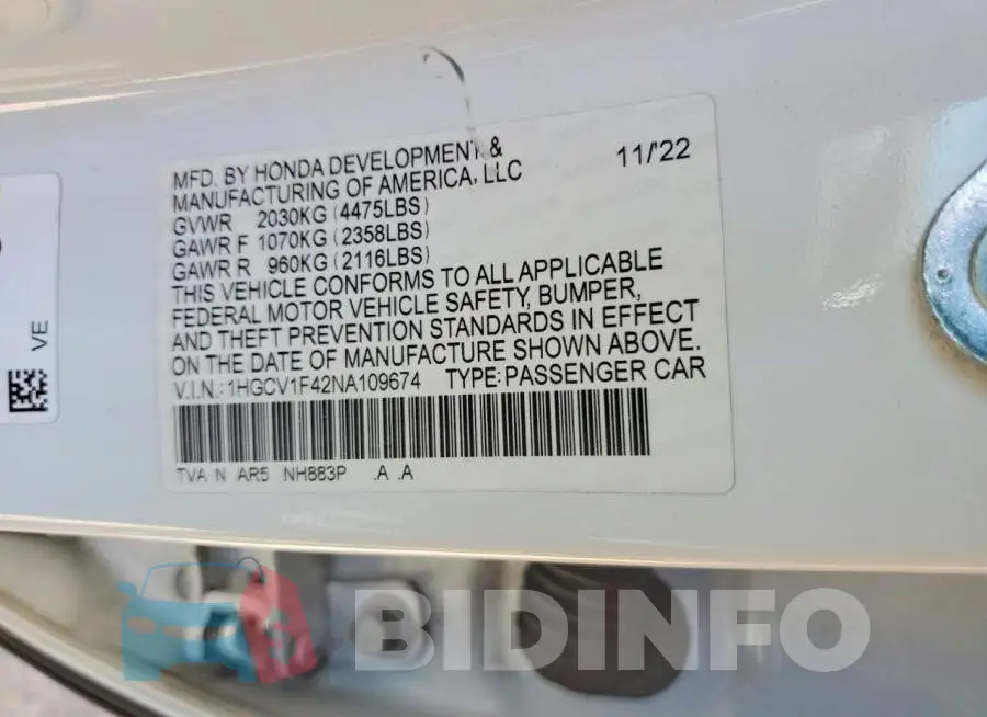 1HGCV1F42NA109674 Photo# 12
