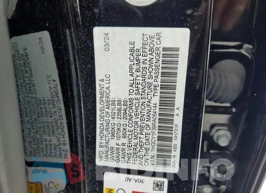 1HGCY1F39RA054144 Photo# 13