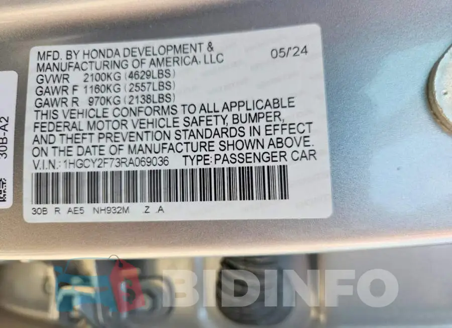 1HGCY2F73RA069036 Photo# 12