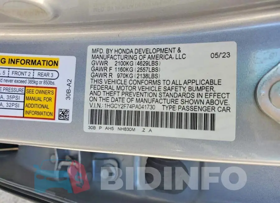 1HGCY2F74PA041730 Photo# 13