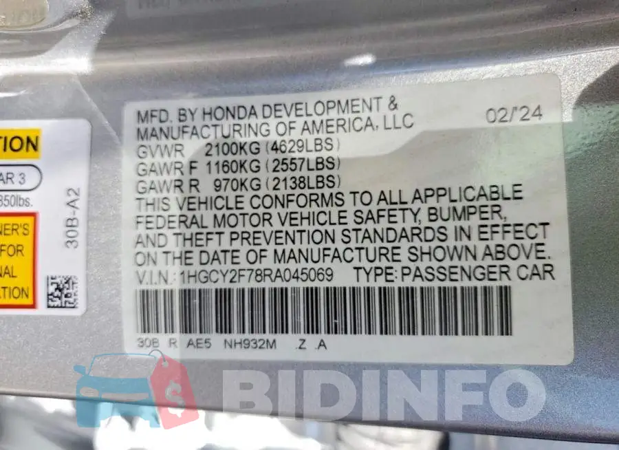 1HGCY2F78RA045069 Photo# 12