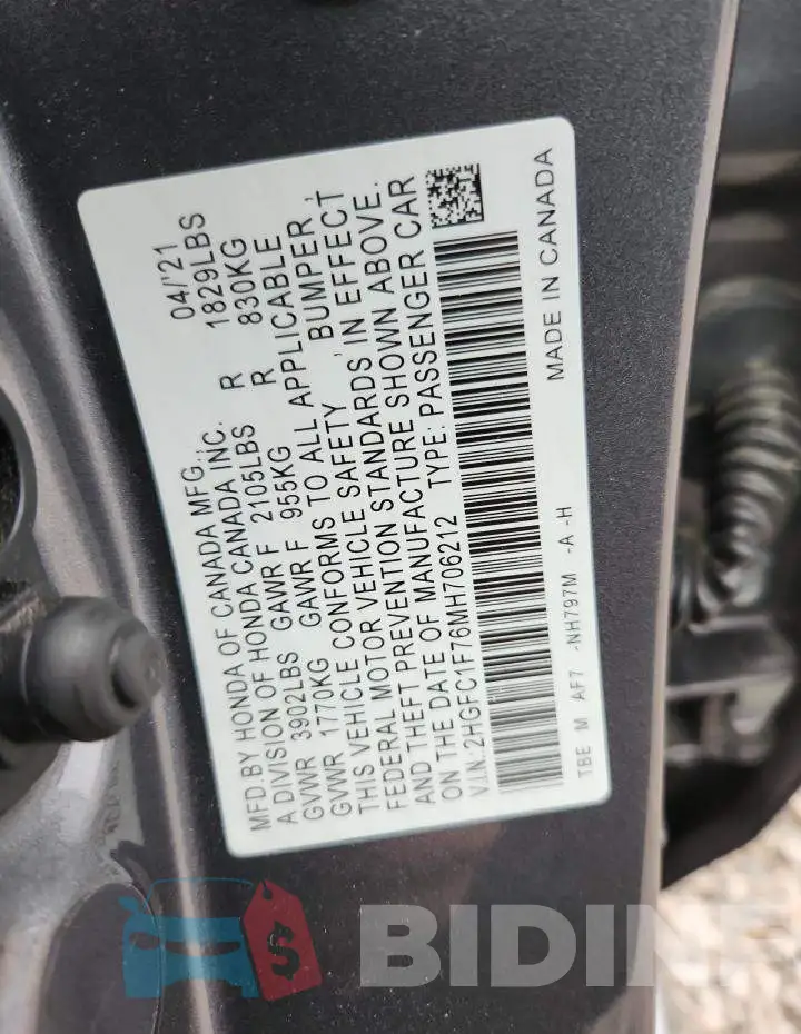 2HGFC1F76MH706212 Photo# 12