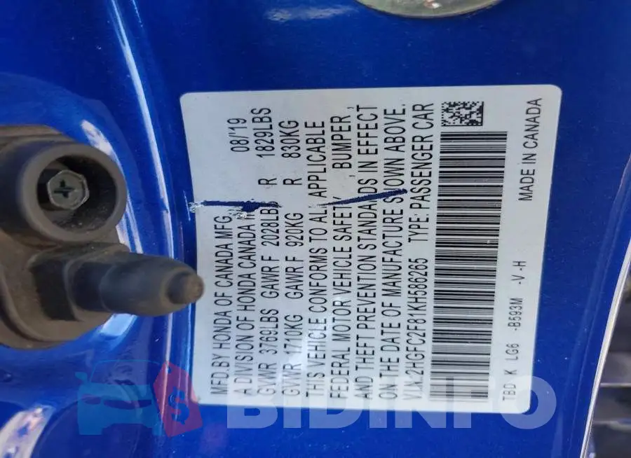 2HGFC2F81KH586265 Photo# 12