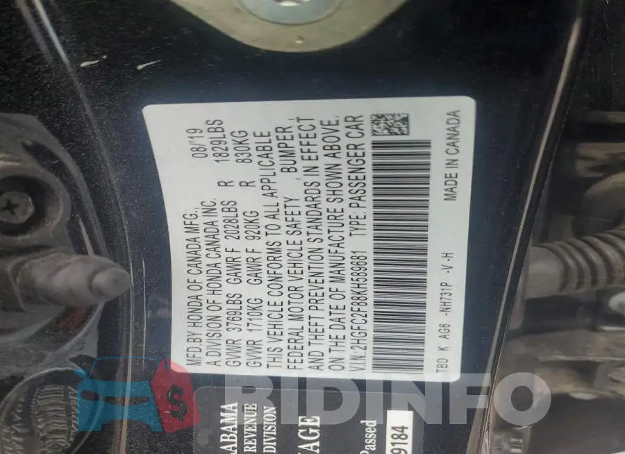 2HGFC2F88KH589681 Photo# 12