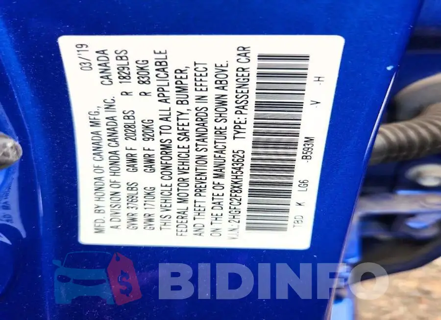 2HGFC2F8XKH543625 Photo# 12
