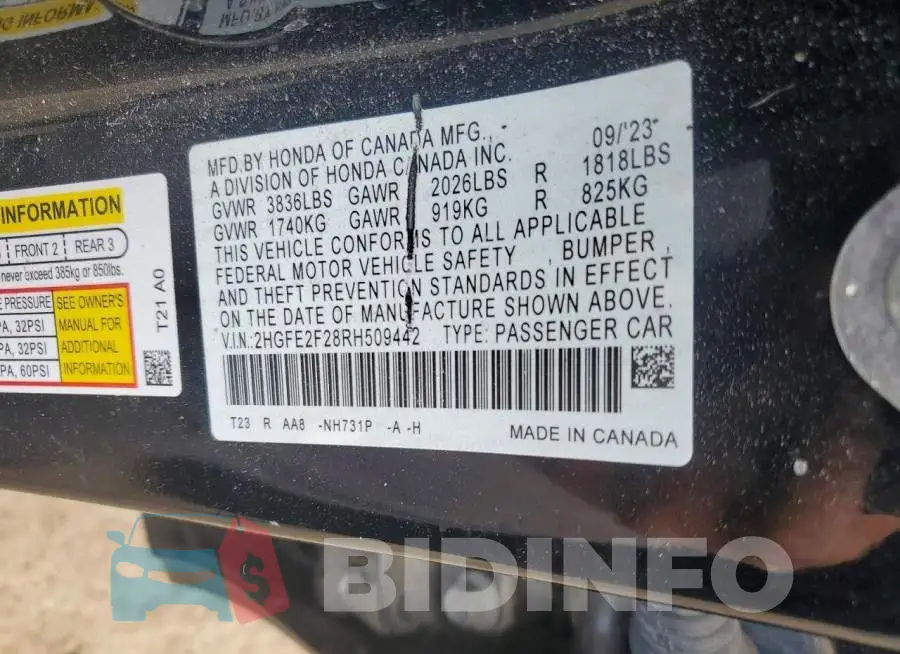 2HGFE2F28RH509442 Photo# 12