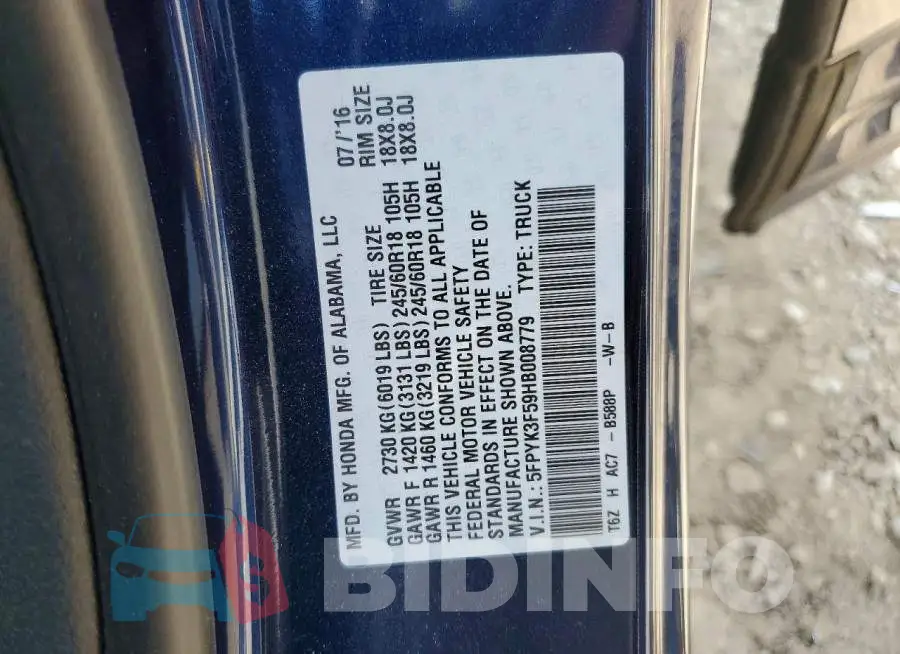 5FPYK3F59HB008779 Photo# 12