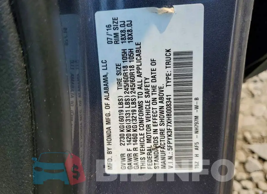 5FPYK3F7XHB008341 Photo# 13