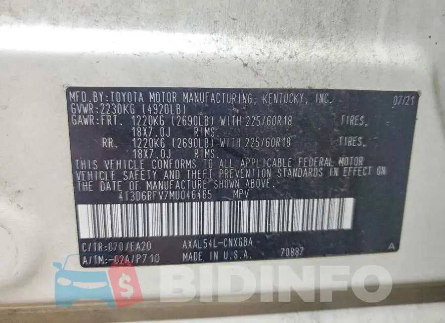 4T3D6RFV7MU046465 Photo# 13