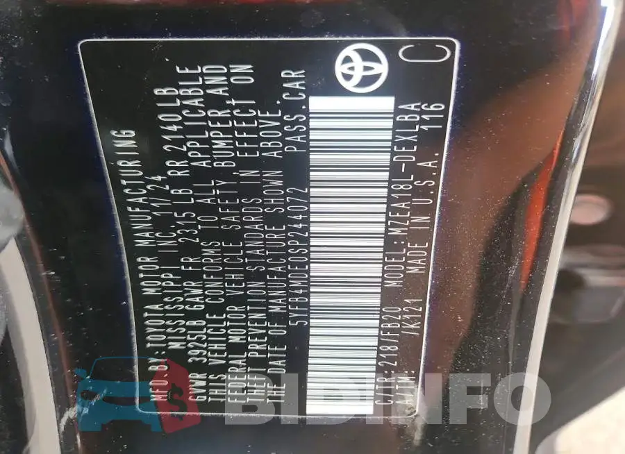 5YFB4MDE0SP244072 Photo# 12