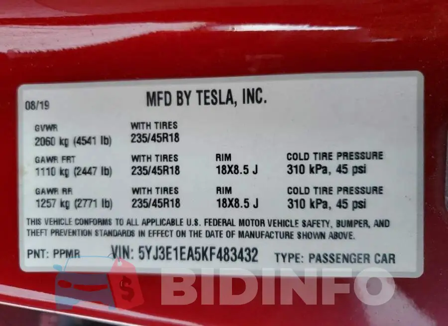 5YJ3E1EA5KF483432 Photo# 12